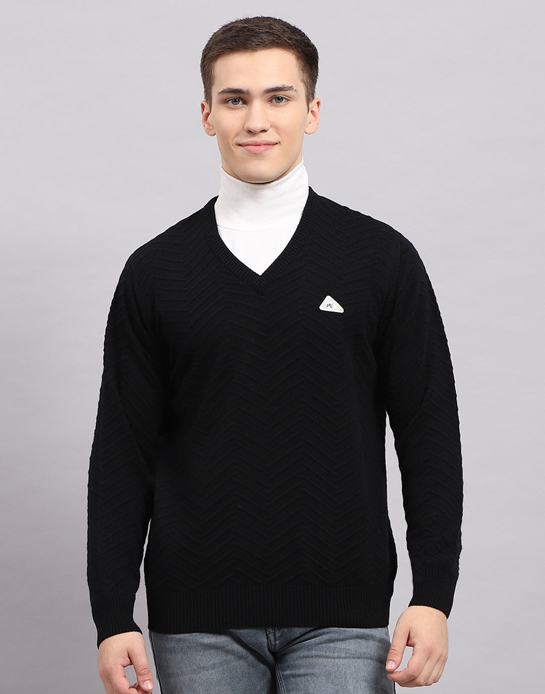 Men Black Self Design V Neck Full Sleeve Pullover