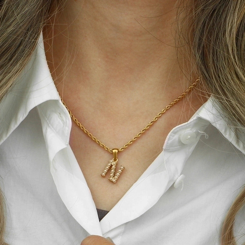 Fashion Letter 304 Stainless Steel Pearl 18K Gold Plated Plating Inlay Pendant Necklace