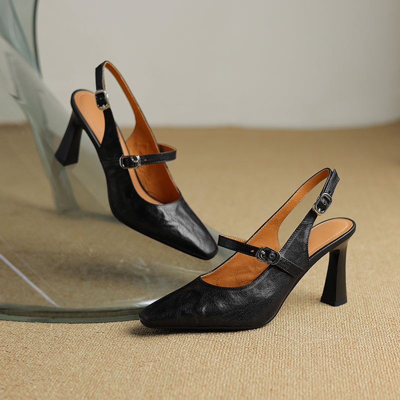 Elegant Square-Toe Slingback Pumps 80mm Kitten Heel Handmade Leather Sandals in Green/Black/Beige