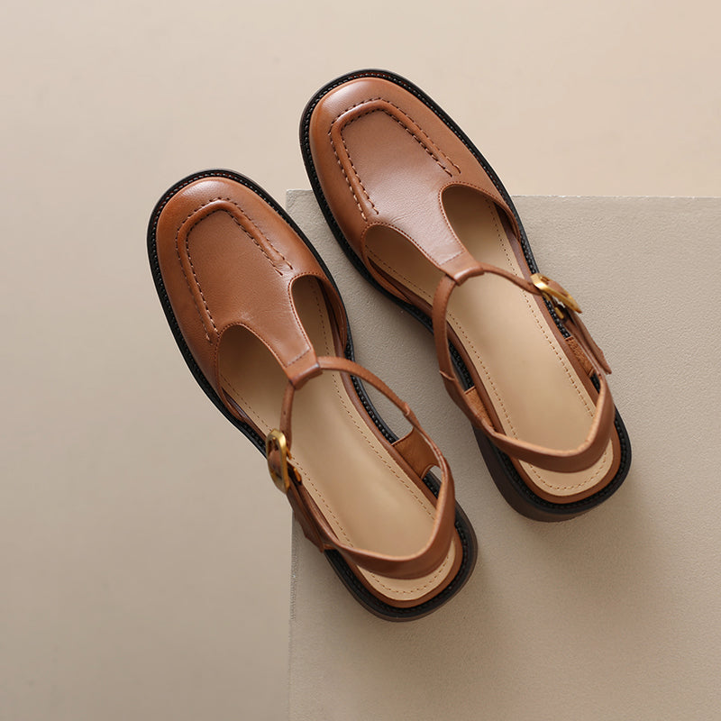 Handmade Leather Square Toe Closed-Toe T-Strap Slingback Sandals for Summer in Beige Apricot/Coconut Brown