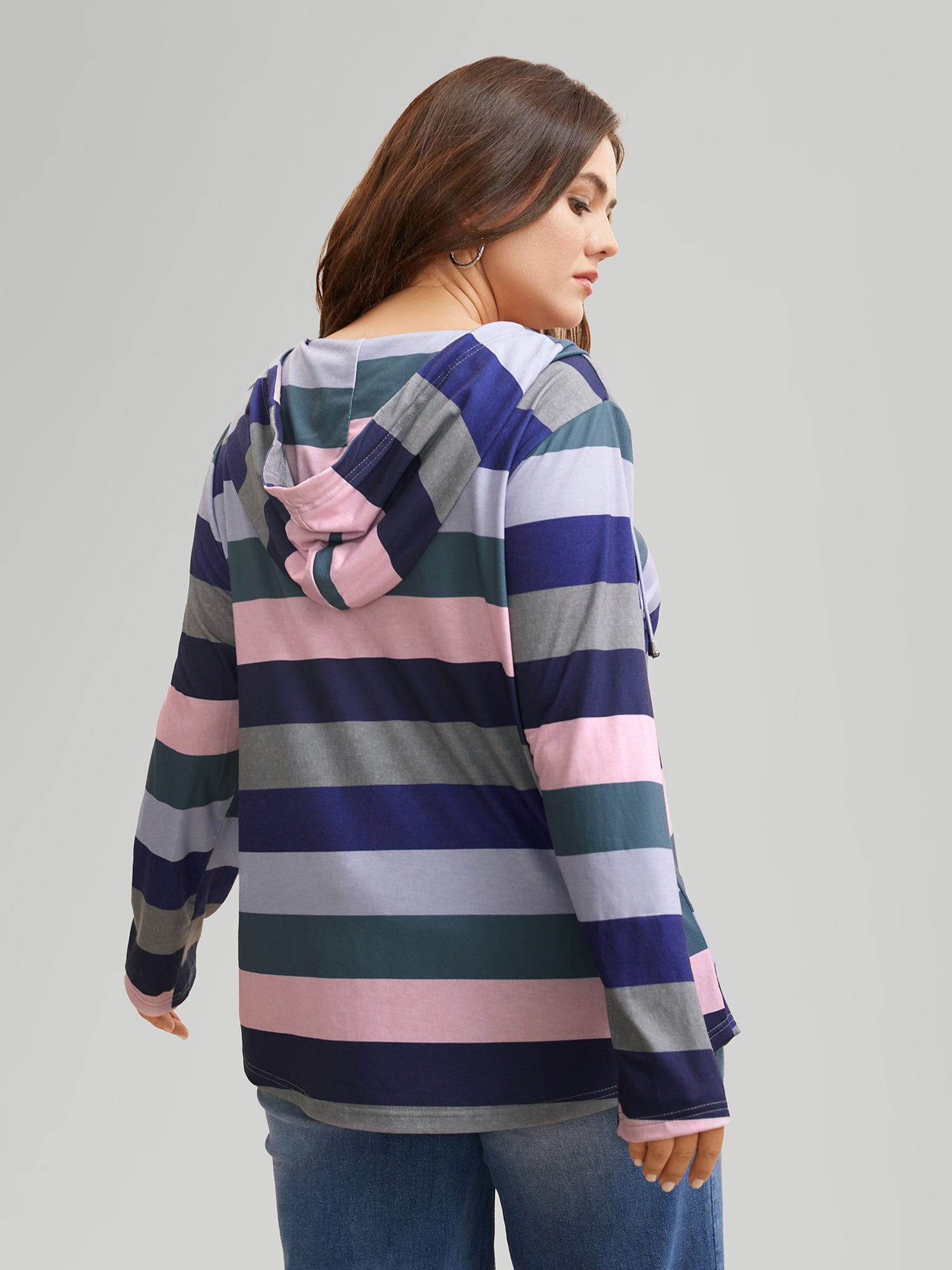 Contrast Striped Hooded Drawstring T-shirt