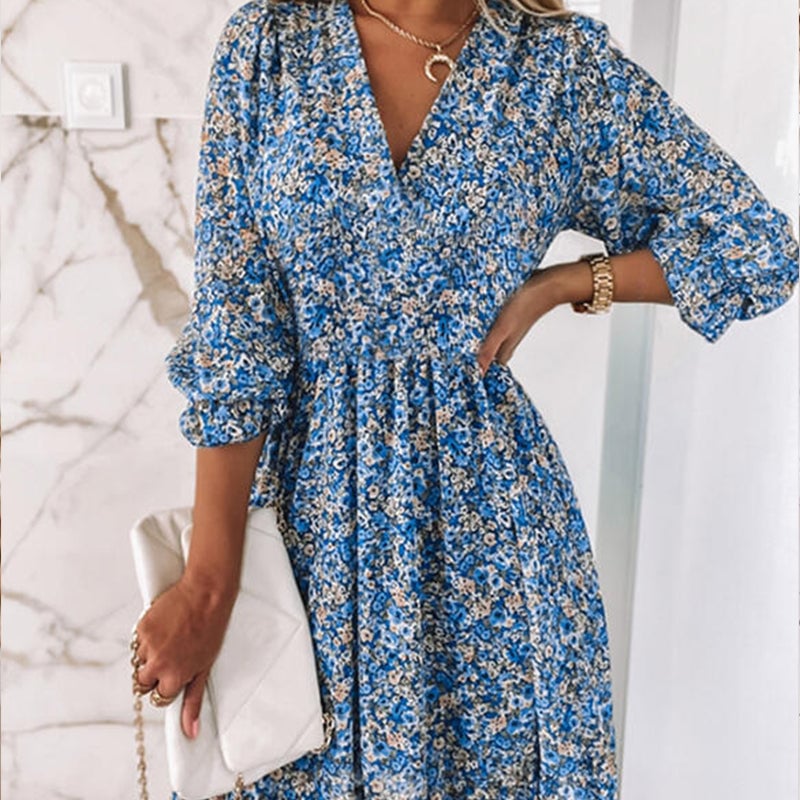 49% OFF🔥Puff Sleeve Mid Waist Floral Dress