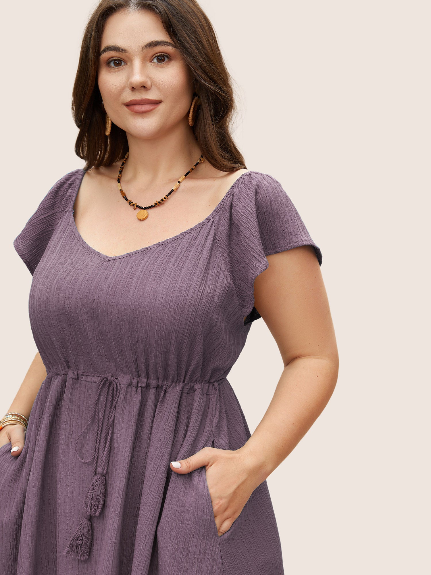 Texture Drawstring Tie Knot Tassels Dress