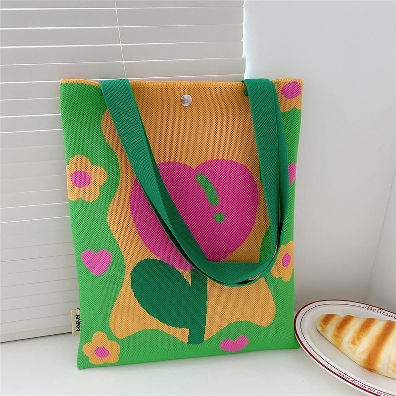 Women's Medium Knit Cartoon Flower Cute Square Lock Clasp Underarm Bag