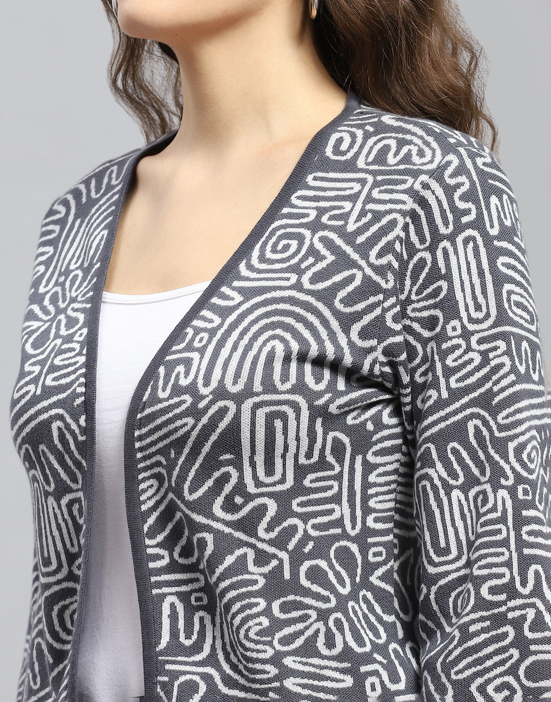 Women Grey Printed V Neck 3/4 Sleeve Shrug