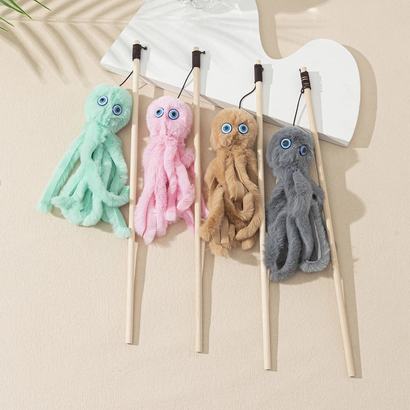 Octopus Cat Toy Stick Wooden Rod Plush Realistic Doll Toy For Cats Interactive Fluffy Furry Pet Kitten
