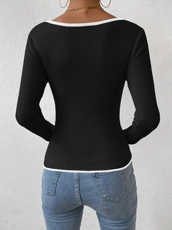 Long Sleeves Skinny Contrast Color Pleated Split-Joint V-Neck T-Shirts