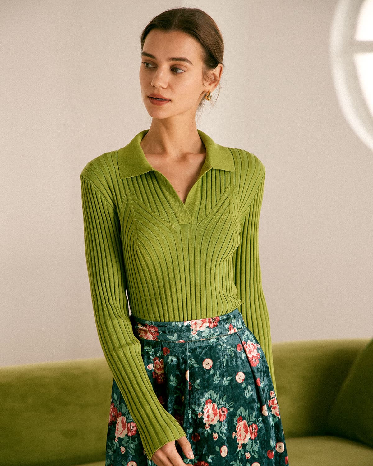 The Green Lapel Ribbed Long Sleeve Knit Top