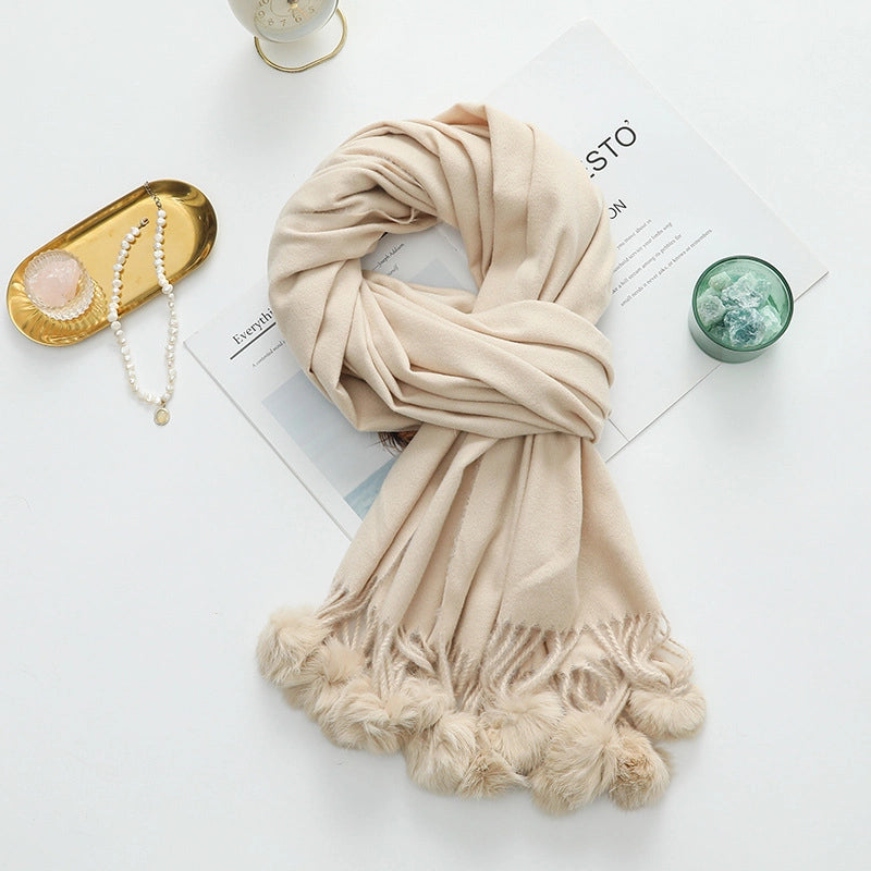 Cashmere Wool Scarf Women's Autumn And Winter High-grade Solid Color Ball Scarf Shawl Fur Ball Imitation Cashmere Scarf