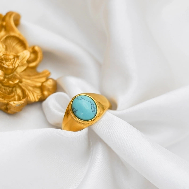 Retro Oval Stainless Steel Plating Inlay Agate 18k Gold Plated Rings