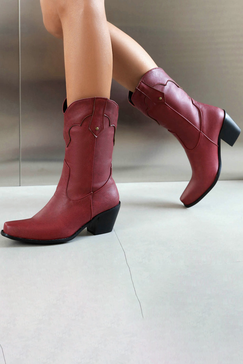 Retro Stitching V Groove Chunky Heels Western Boots