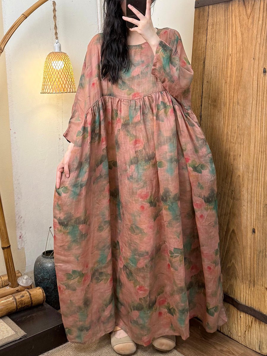 Women Summer Vintage Stripe Flower O-Neck Ramie Dress