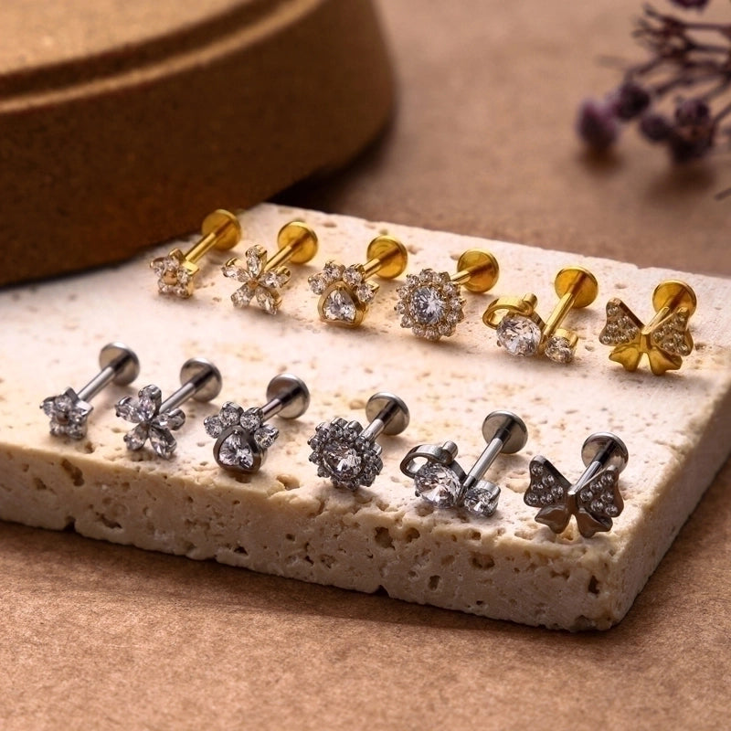 1 Piece Ear Cartilage Rings & Studs IG Style Vintage Style Geometric Flower Bow Knot Pure Titanium Plating Inlay Zircon