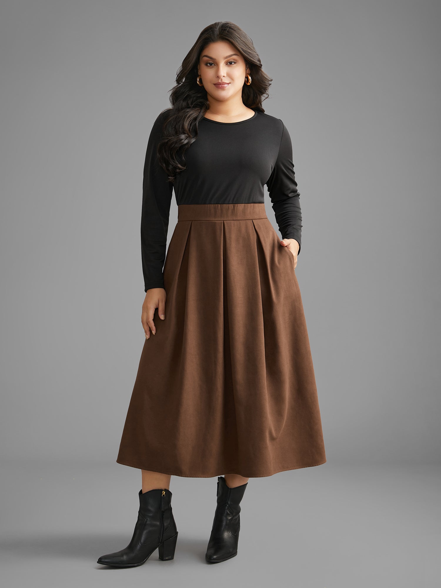 Crew Neck Contrast Shirred Pleated Dress