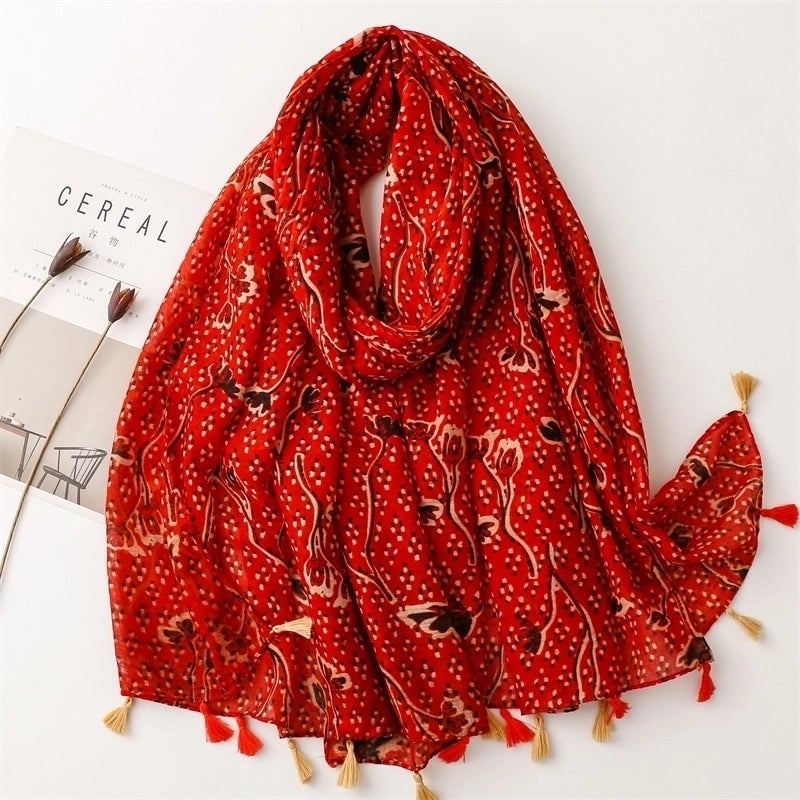 Yarn Cotton Fruit Green Bright Yellow Leaf Printing Tassel Scarf Shawl