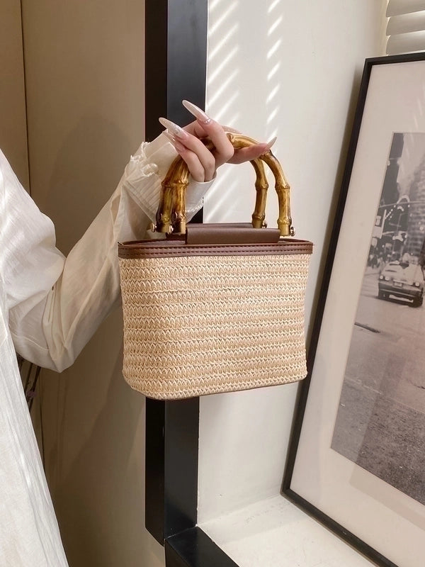 Women's Straw Solid Color Vintage Style Sewing Thread Zipper Bucket Bag