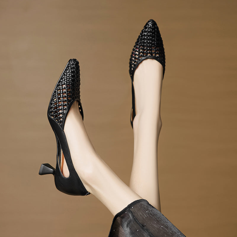 Pointed Toe Woven Kitten Heel Pumps Hollow Out Leather Fashion Office Shoes in Black/Beige/Silver