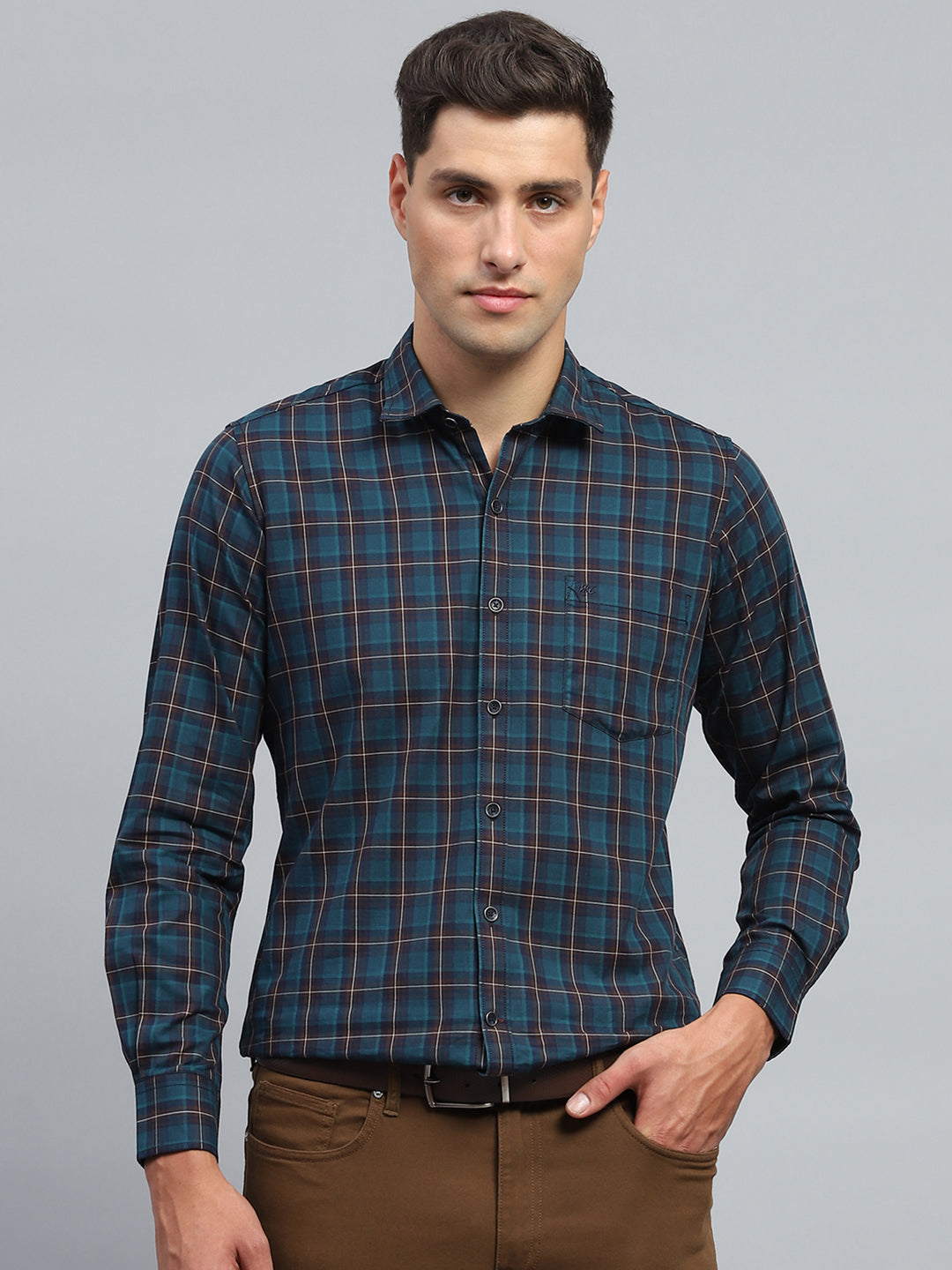 Men Teal Blue Check Collar Full Sleeve Shirt