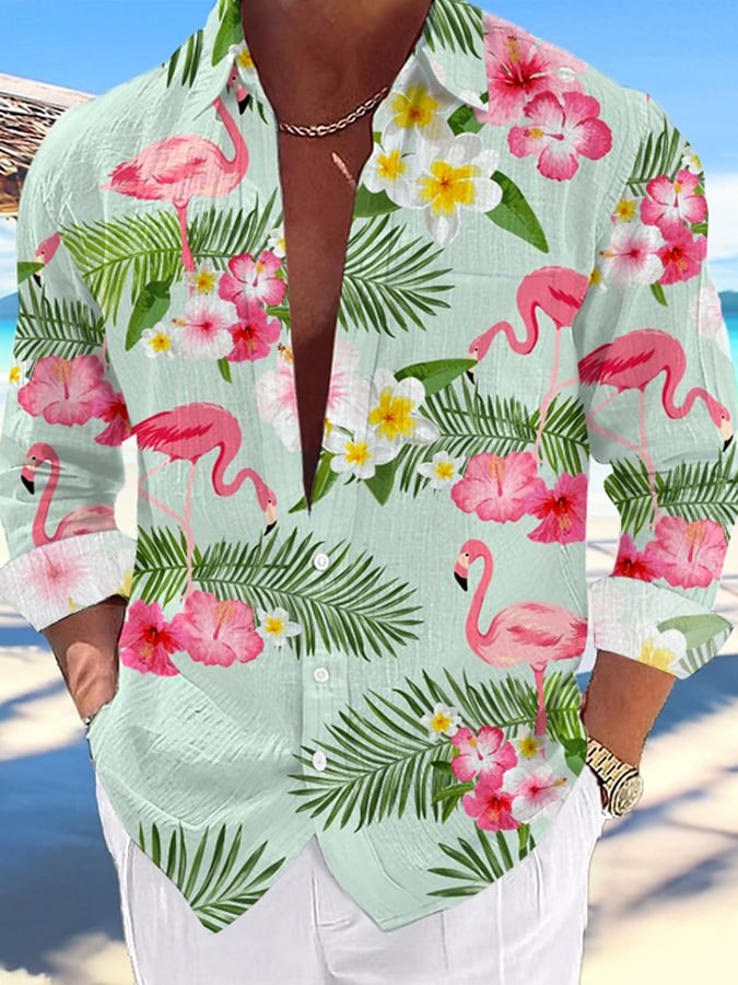 Men's Casual Hawaiian Coconut Flamingo Lapel Shirt