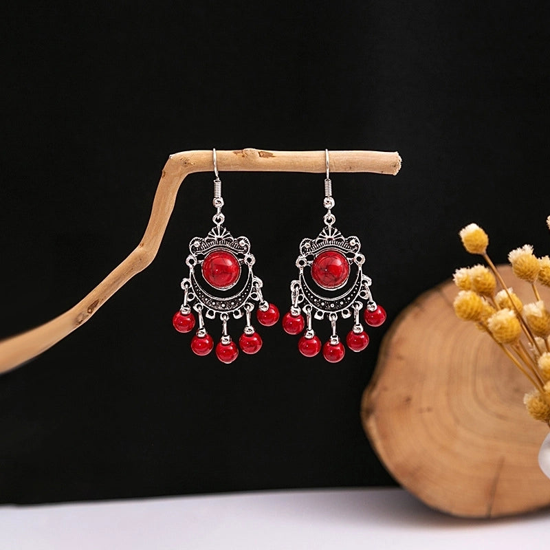 Bohemian Blue Turquoise National Style Earrings Imitation Miao Silver Metal Earrings Vintage Tassel Earrings