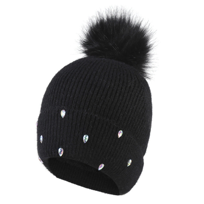 Women's Cute Sweet Solid Color Pom Poms Rhinestone Eaveless Wool Cap