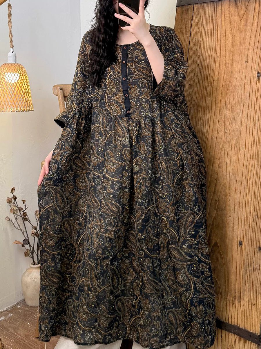 Women Summer Retro Flower O-Neck Ramie Dress
