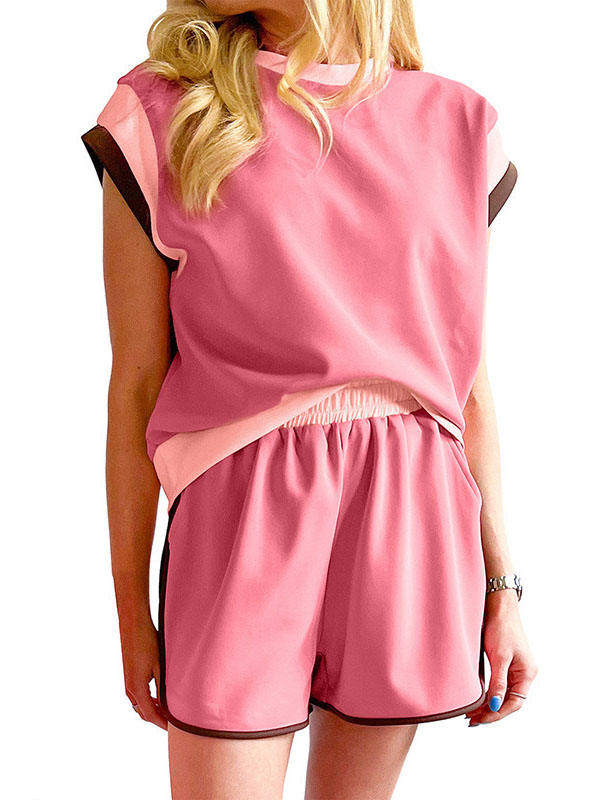 Contrast Color Short Sleeves Round-Neck T-Shirt + Elasticity Shorts Two Pieces Set