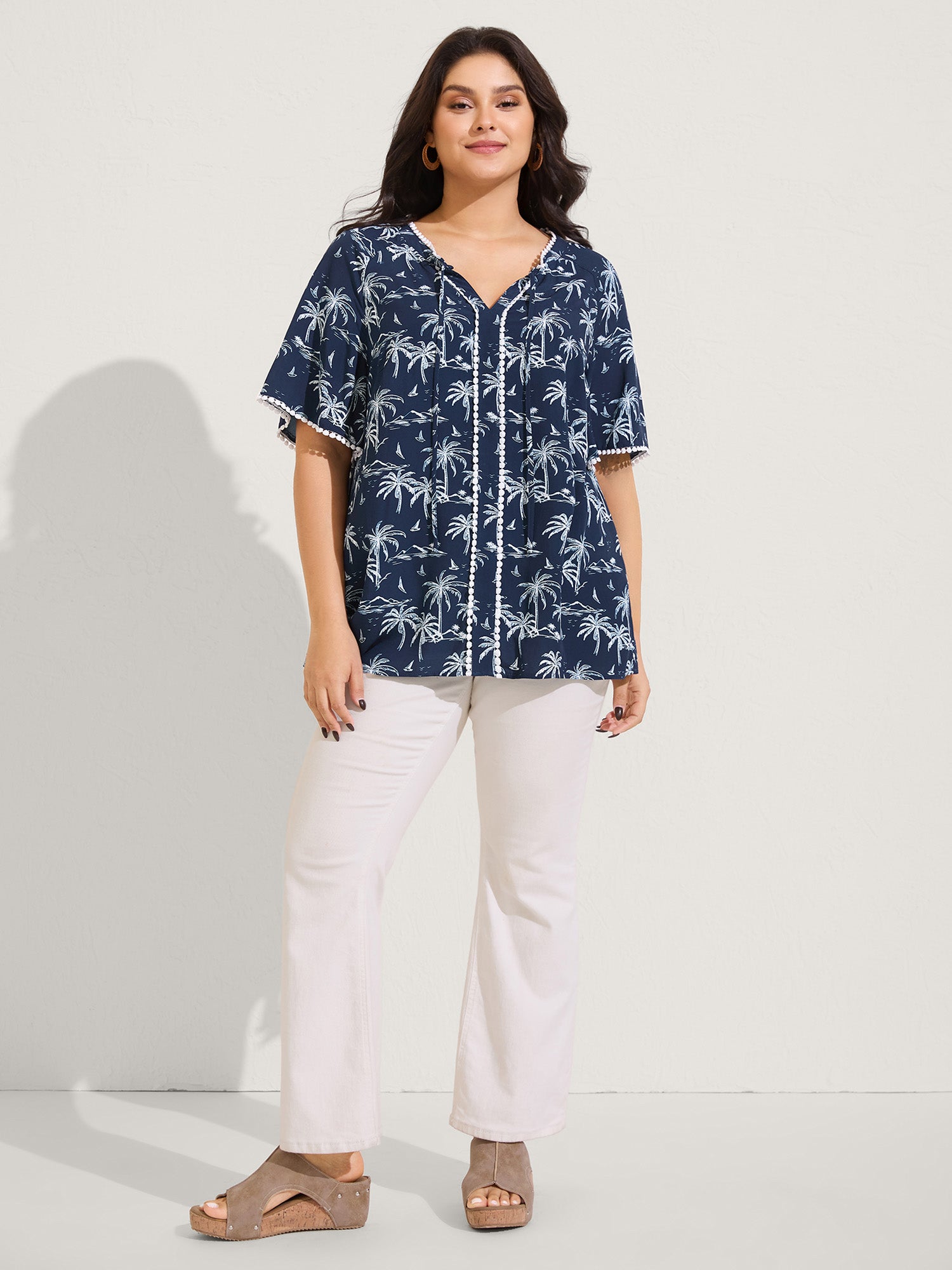 Tropical Print Lace Trim Flowy Blouse