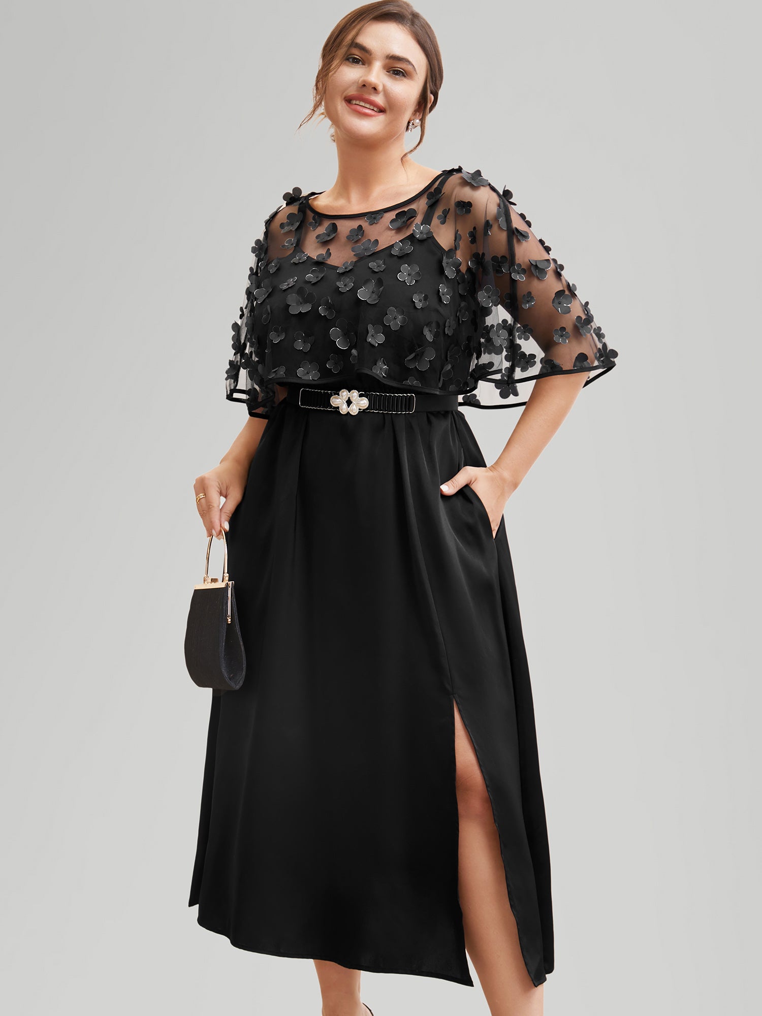 Appliques Mesh Split Hem Dolman Sleeve Dress