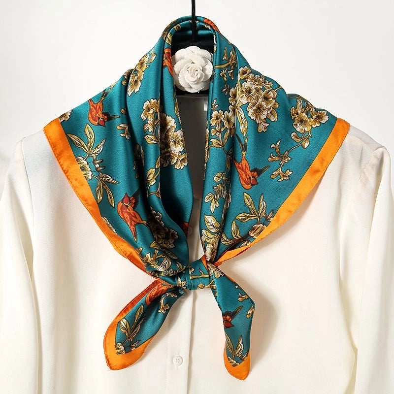 Women's Elegant Color Block Flower Satin Silk Scarf Kerchief