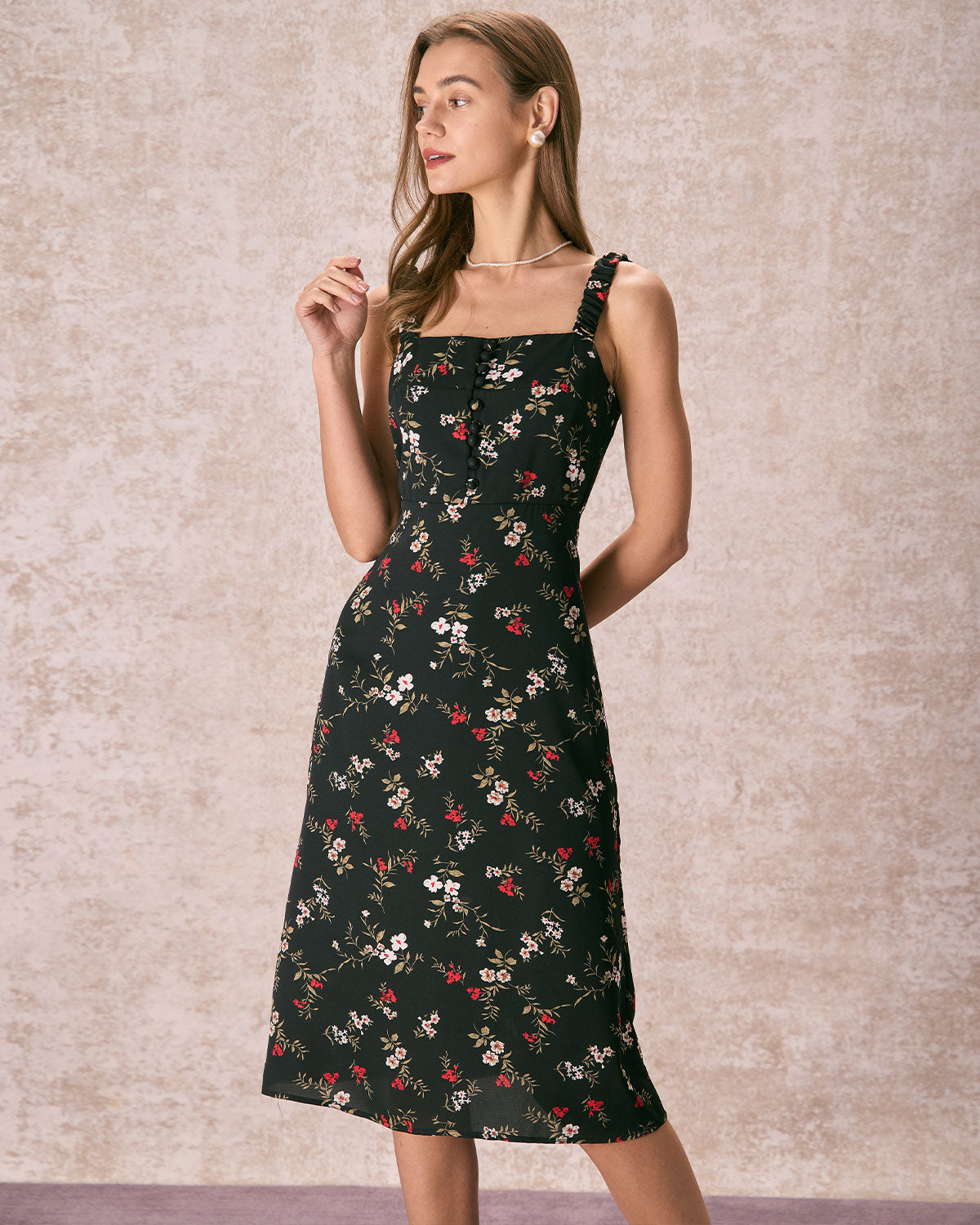 The Black Elasticized Straps Floral Midi Dress