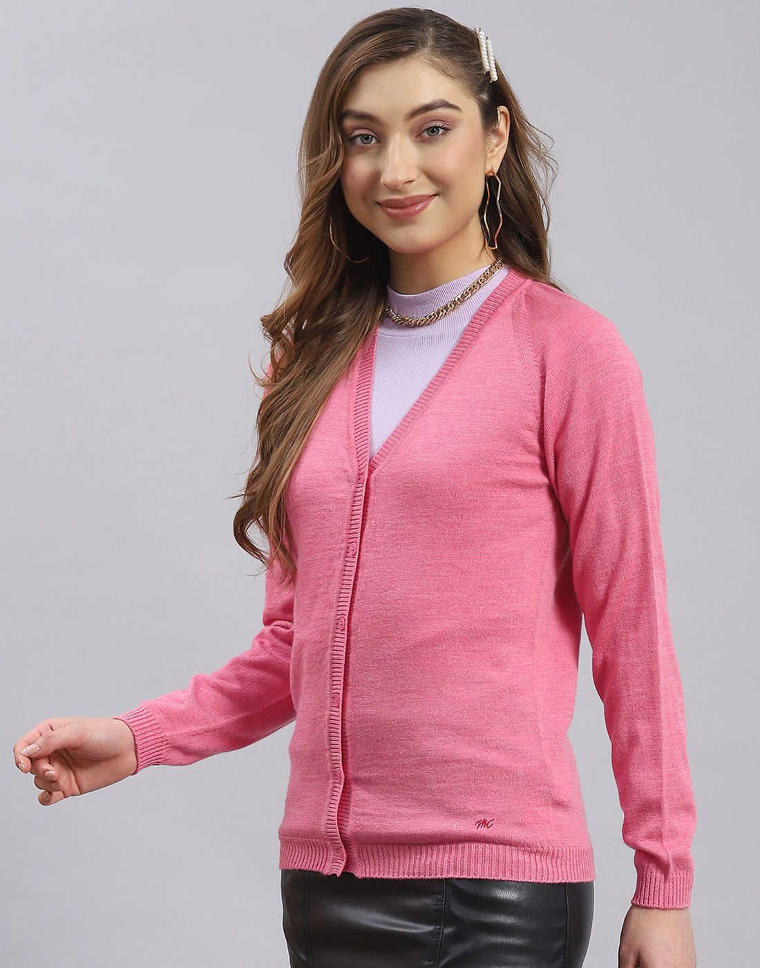 Women Pink Solid V Neck Full Sleeve Sweater