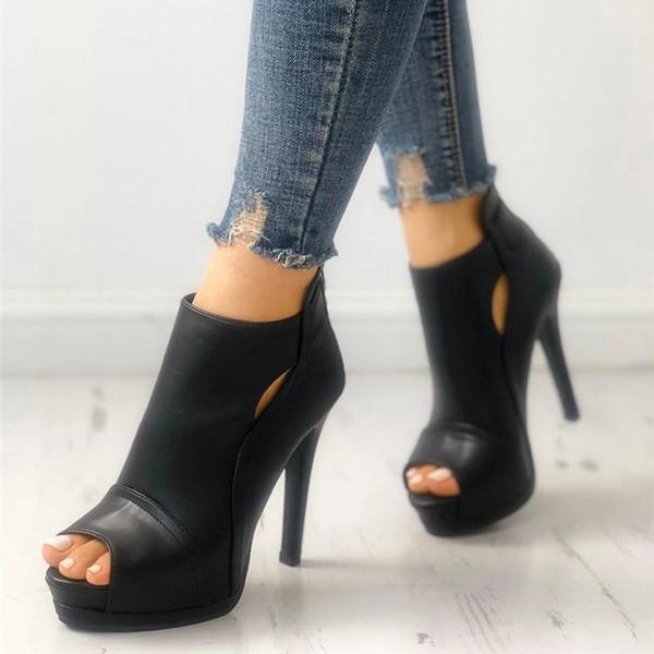 Black Peep Toe Stilettos Platform High Heel Ankle Boots