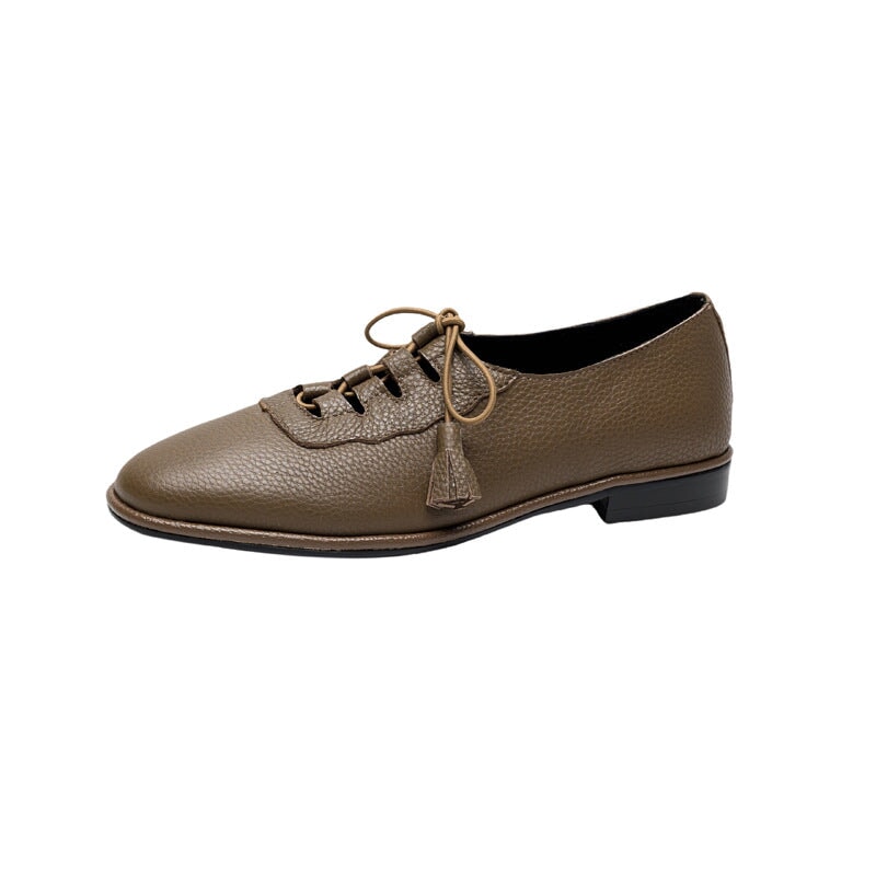 Retro Lace Up Leather Shoes For Women Round Toe Flats in Beige/Green
