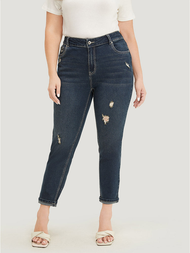 Very Stretchy  High Rise Dark Wash Distressed Stitch Jeans