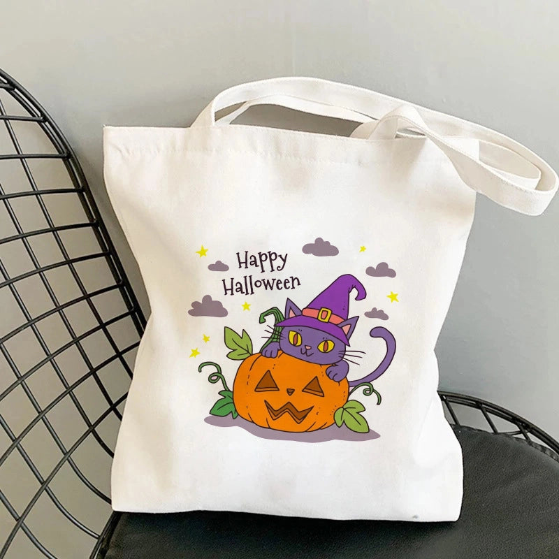 Halloween Unisex Canvas Animal Pumpkin Letter Streetwear Square Open Shoulder Bag Canvas Bag