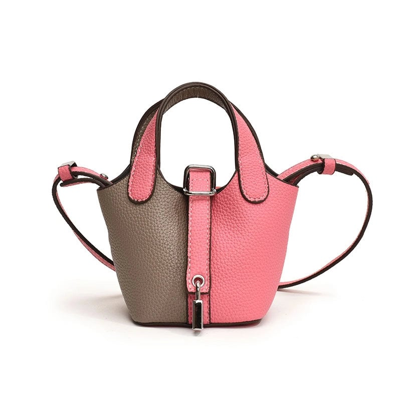 Girl'S Pu Leather Color Block Streetwear Bucket Lock Clasp Shoulder Bag Handbag Crossbody Bag