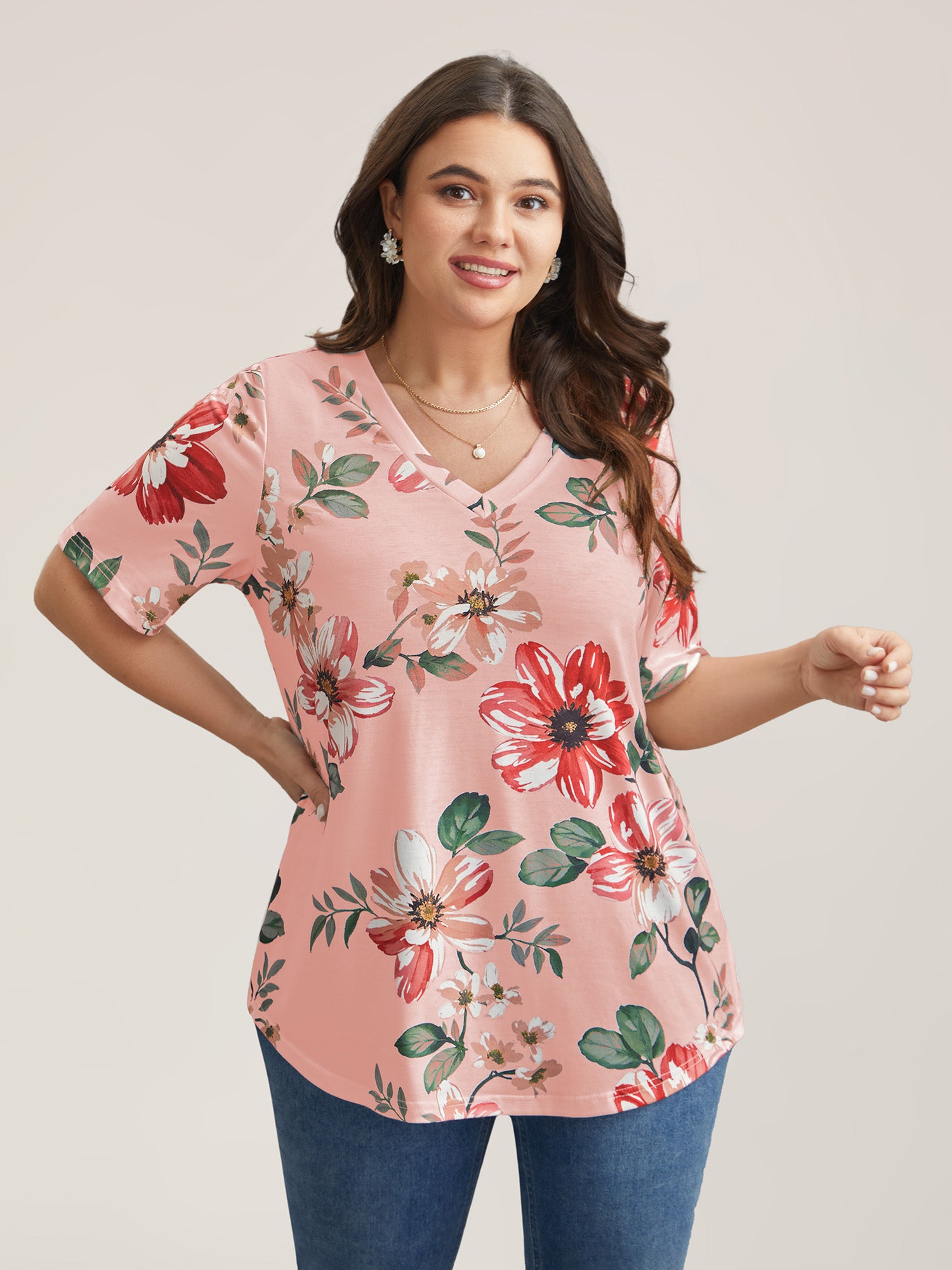 Multi-Color Floral Print V-Neck T-Shirt