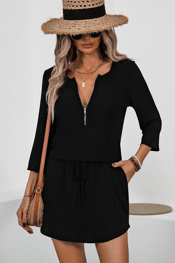 Fashion Zipper Drawstring Casual Dress