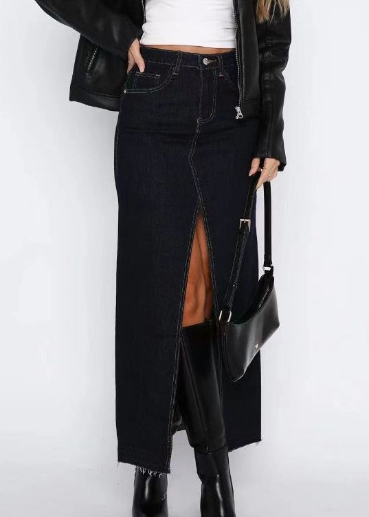 Women Grey High Waist Side Open Denim Skirts Summer