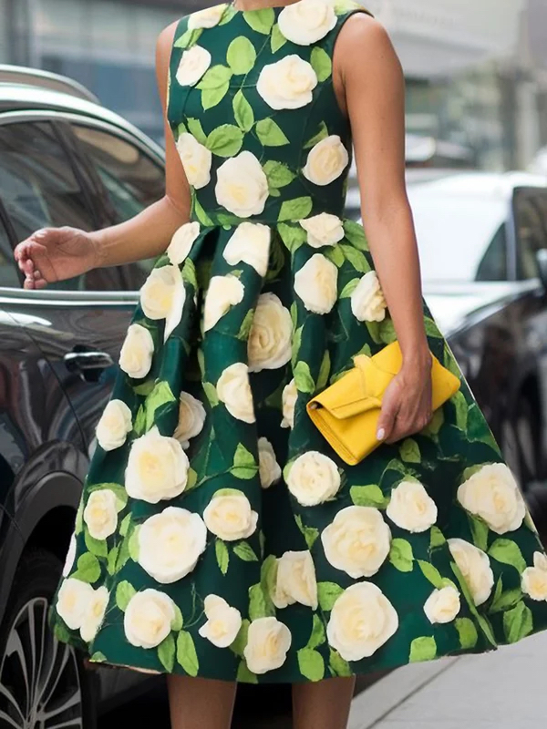 A-Line High Waisted Flower Print Pleated Round-Neck Midi Dresses