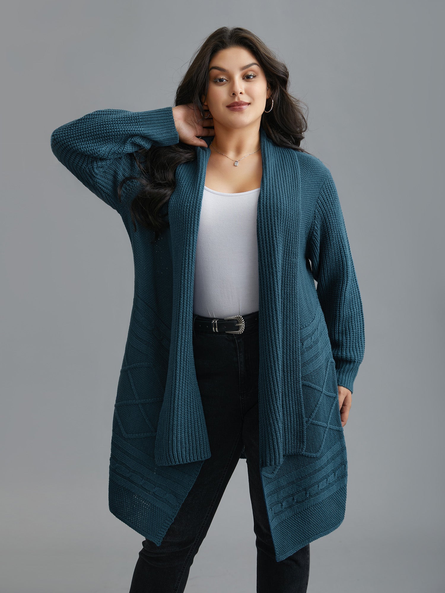 Cable Knit Asymmetrical Hem Open-Front Cardigan