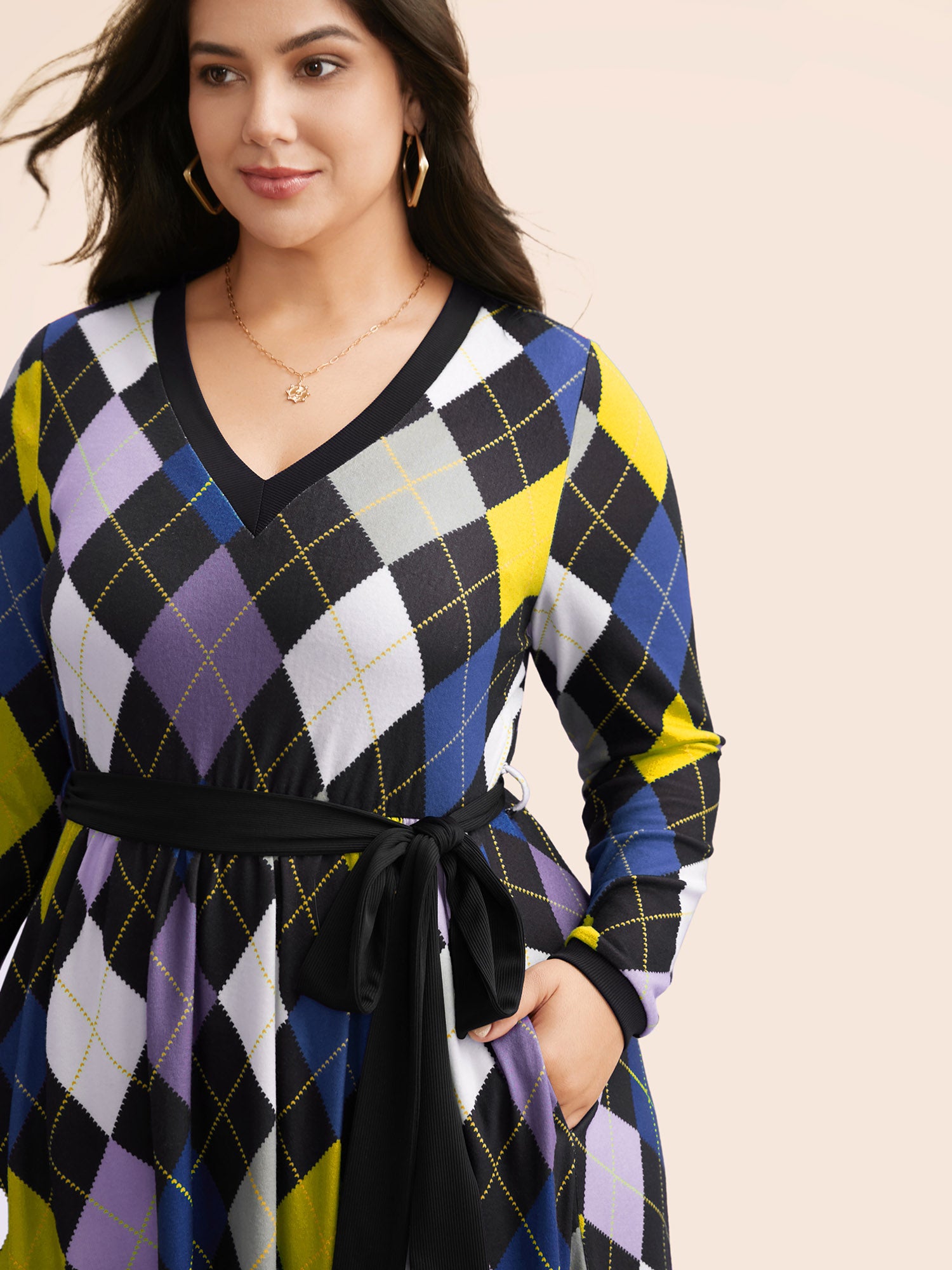 V Neck Colorblock Contrast Belted Dress