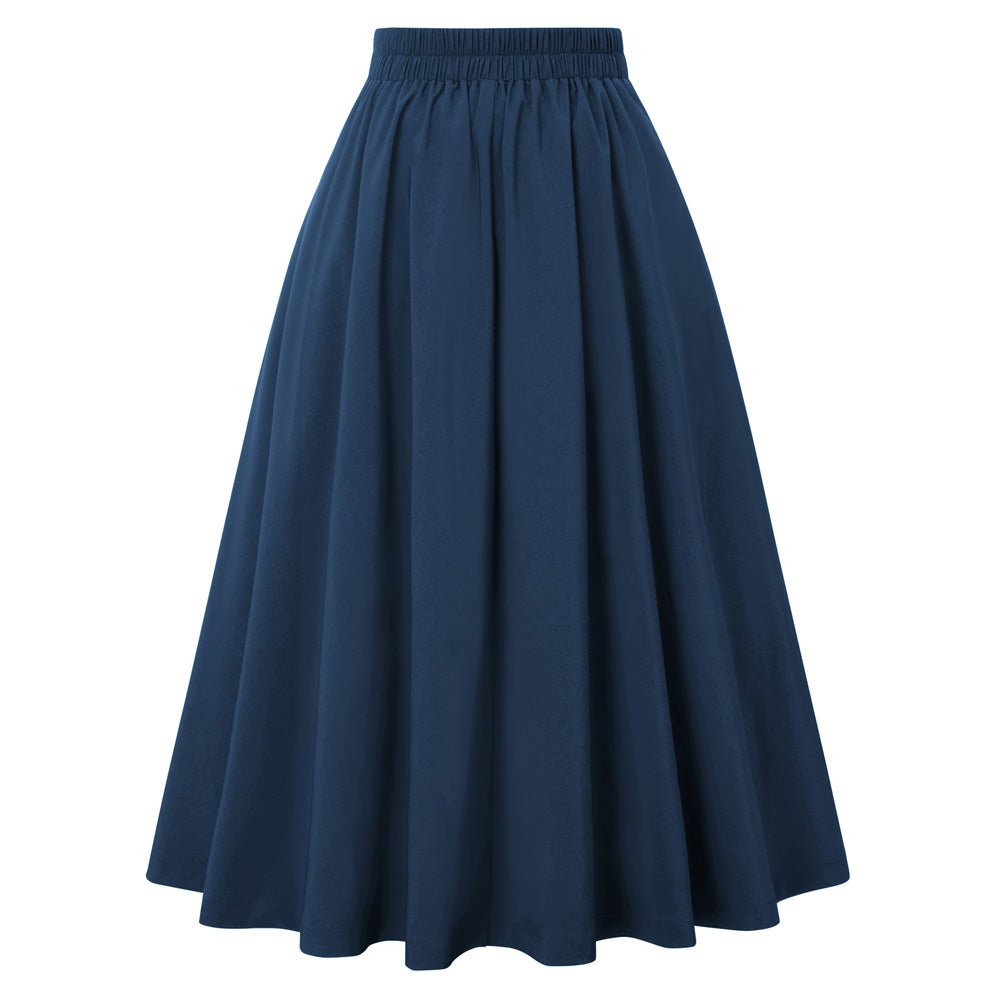 Leaf Patterns Pleated Buttons Decorated Elastic Waist High Waist Swing A-Line Skirt with Pockets