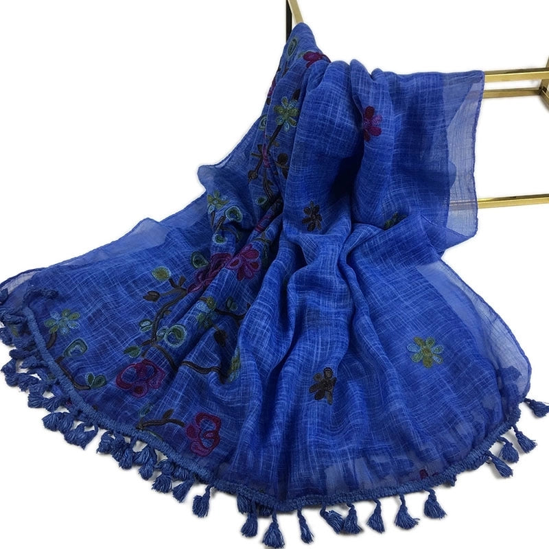 Women's Minimalist Leaves Solid Color Flower Cotton And Linen Embroidery Tassel Scarf Shawl