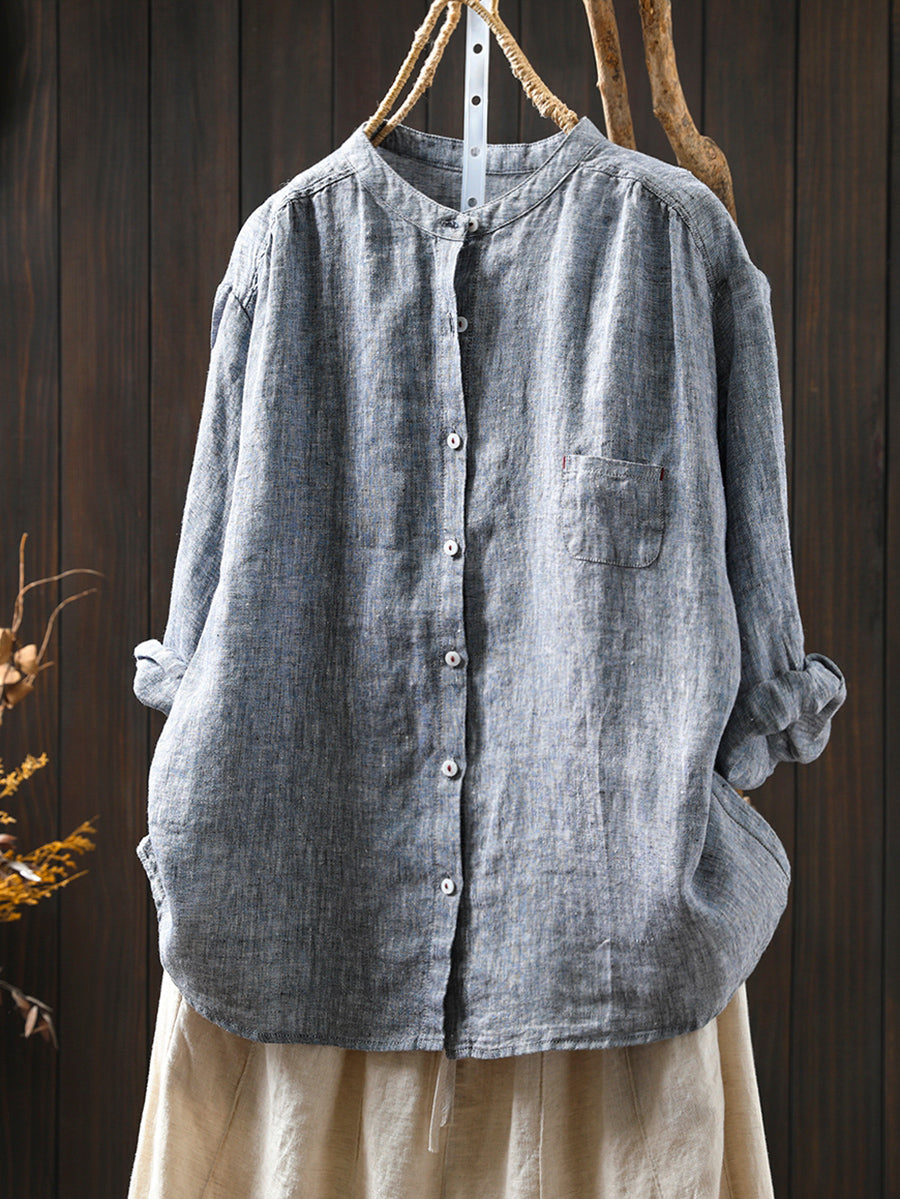 Women Summer Pure Color Stand Collar 100%Linen Shirt