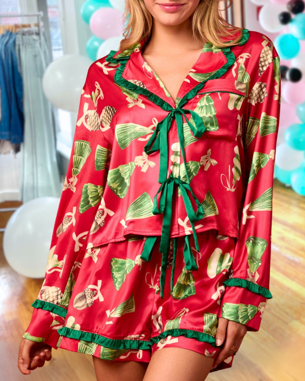 Ribbon Christmas Tree Satin Pajama Set