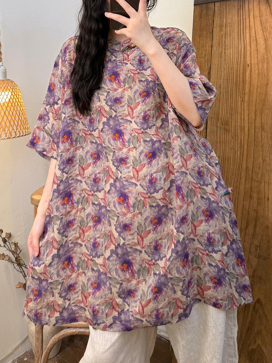 Women Summer Retro Flower Ramie Stand Collar Long Shirt
