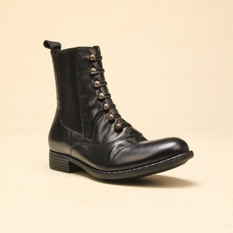 Ankle Boots Women Calfskin Round Toe Side Zip Lace-Up Retro Winter Ladies Motorcycle Shoes Handmade