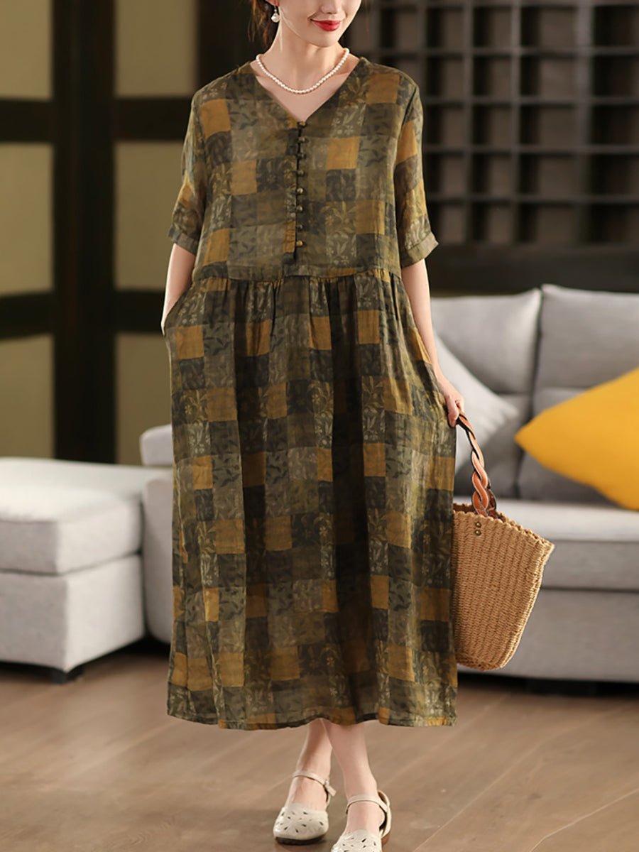 Women Summer Vintage Plaid V-Neck 100%Ramie Dress